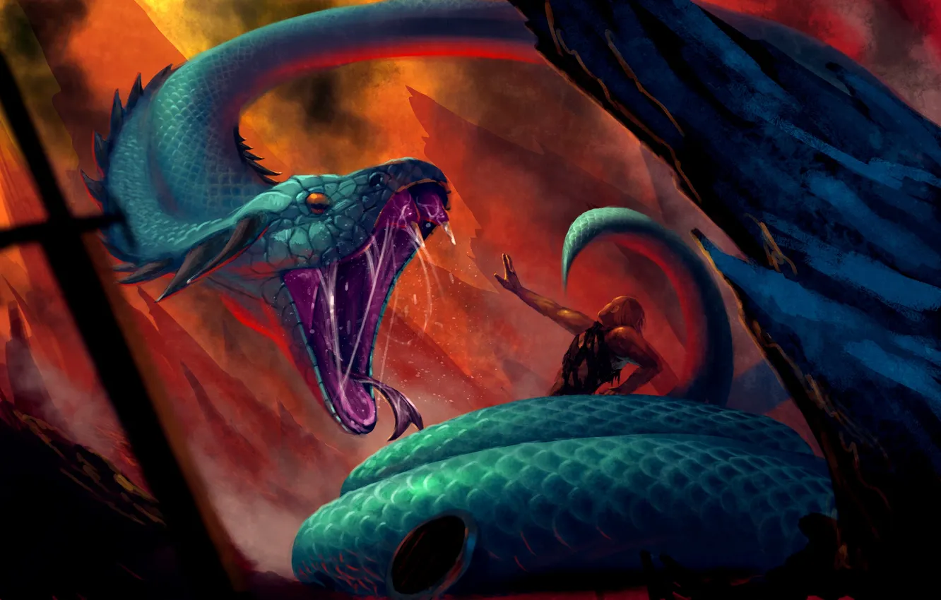 Фото обои человек, монстр, зубы, Змея, арт, хвост, ловушка, добыча