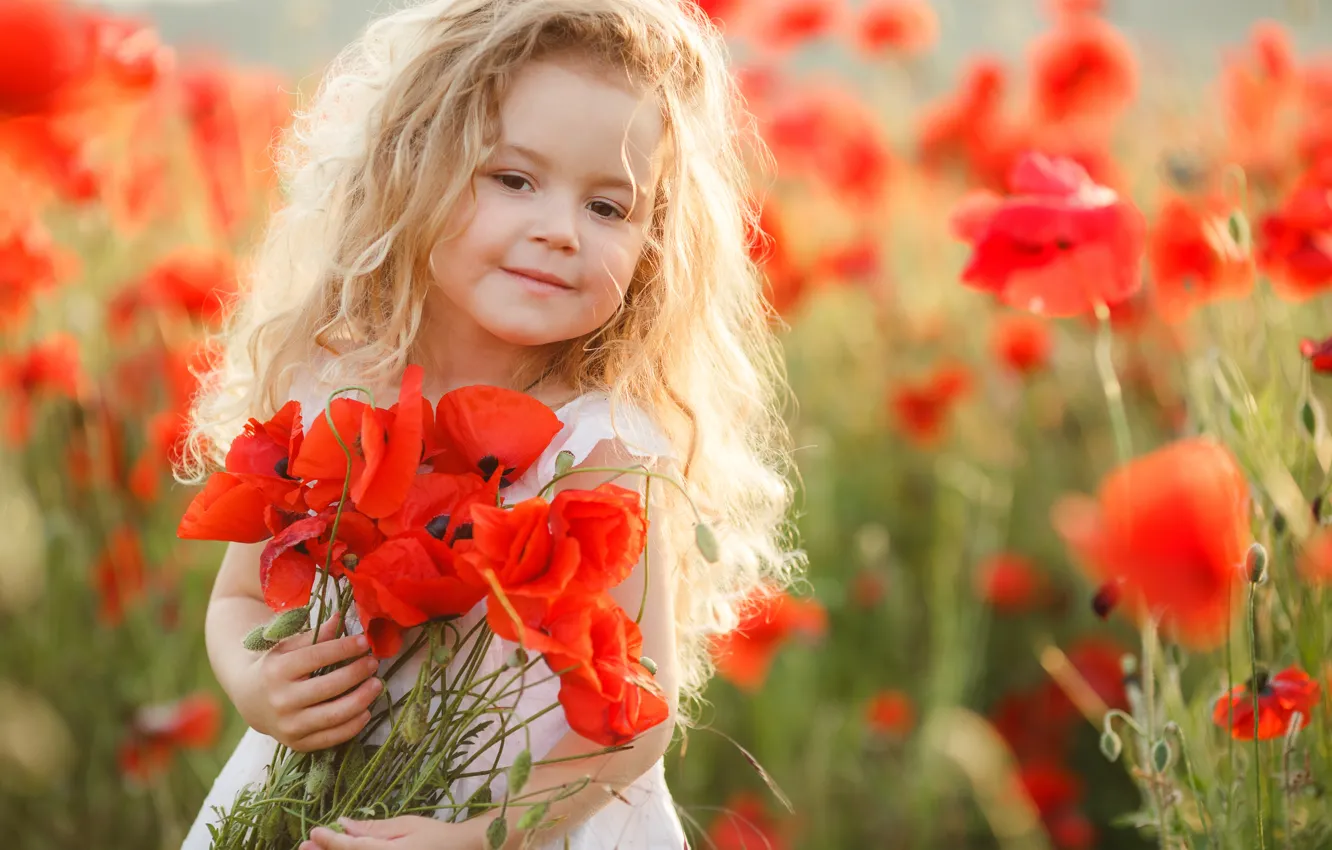Фото обои лето, свет, цветы, красный, улыбка, маки, портрет, букет