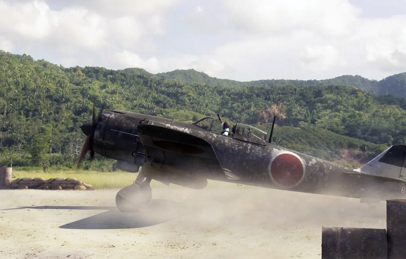 Фото обои арт, ураган, аэродром, взлёт, Nakajima, Ki-84, roen911, Хаятэ