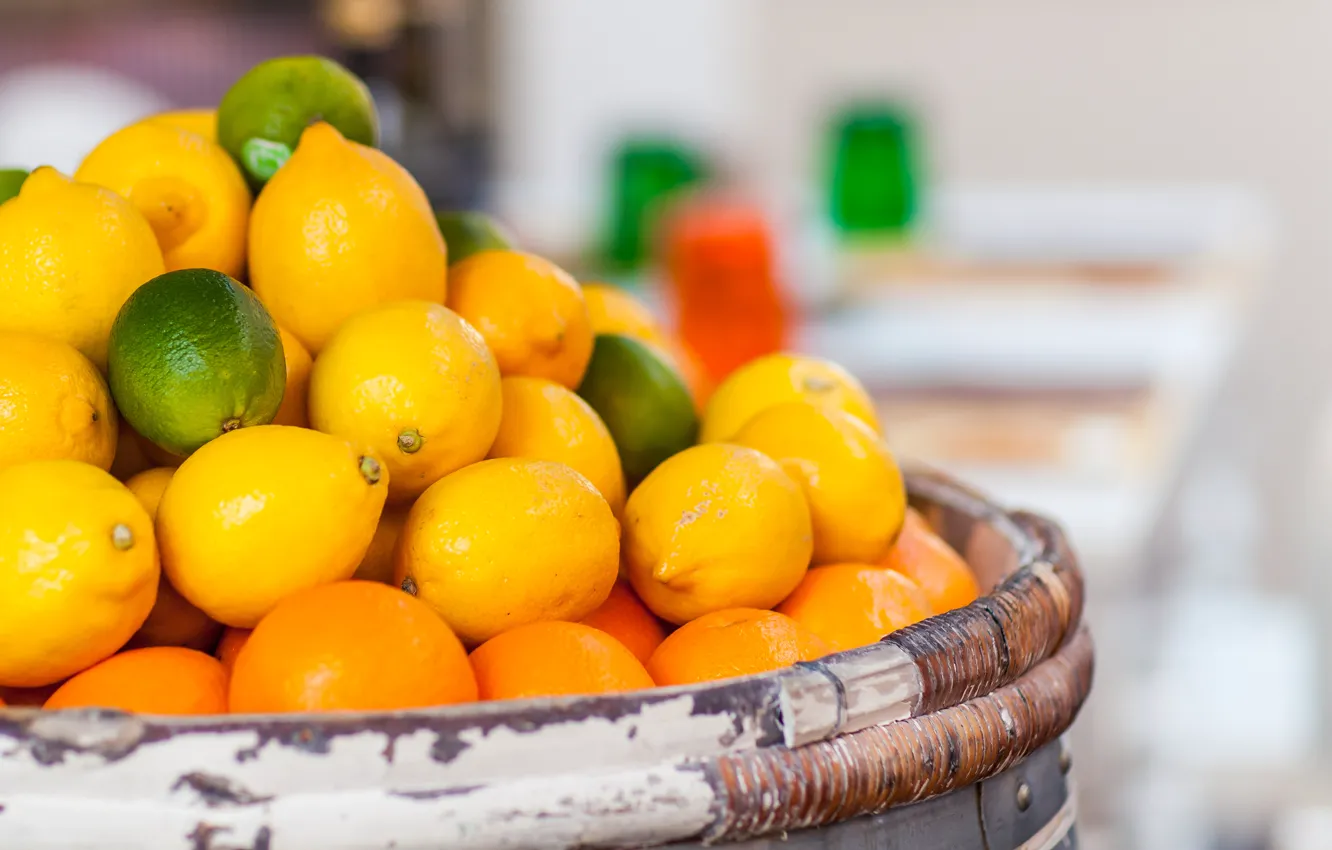 Фото обои фокус, апельсины, размытость, лайм, фрукты, бочка, цитрусы, лимоны