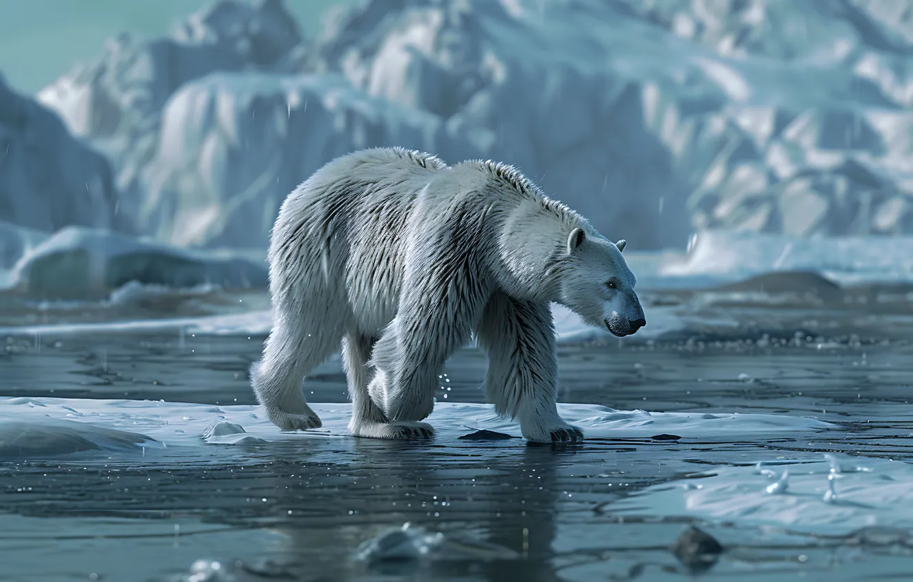 Фото обои Вода, Зима, Снег, Лед, Медведь, Хищник, Белый медведь, Цифровое искусство