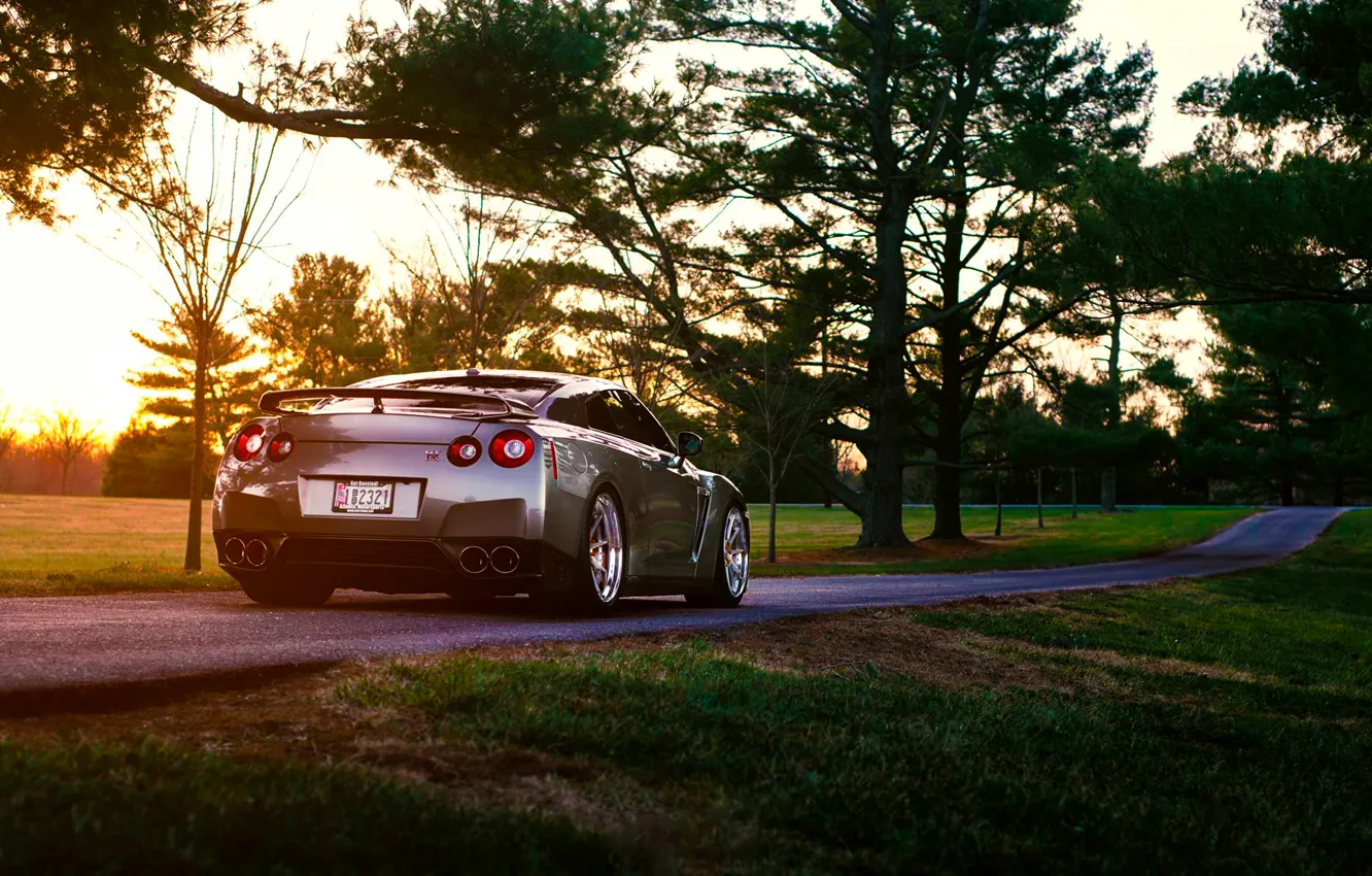 Фото обои Nissan, GT-R, Grass, Sun, Back, R35, Summer, Road