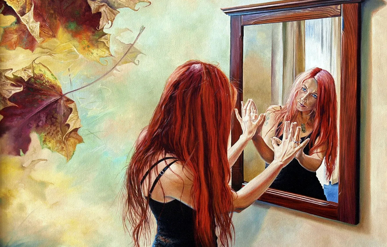 Фото обои листья, девушка, отражение, зеркало, Wlodzimierz Kuklinski