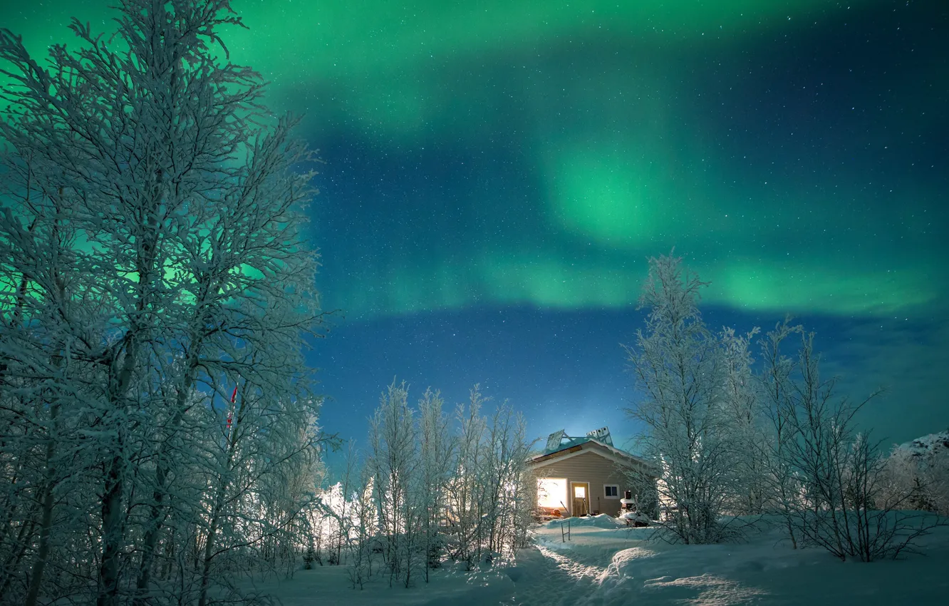 Фото обои lights, house, Canada, night, winter, snow, northern lights, Northwest Territories