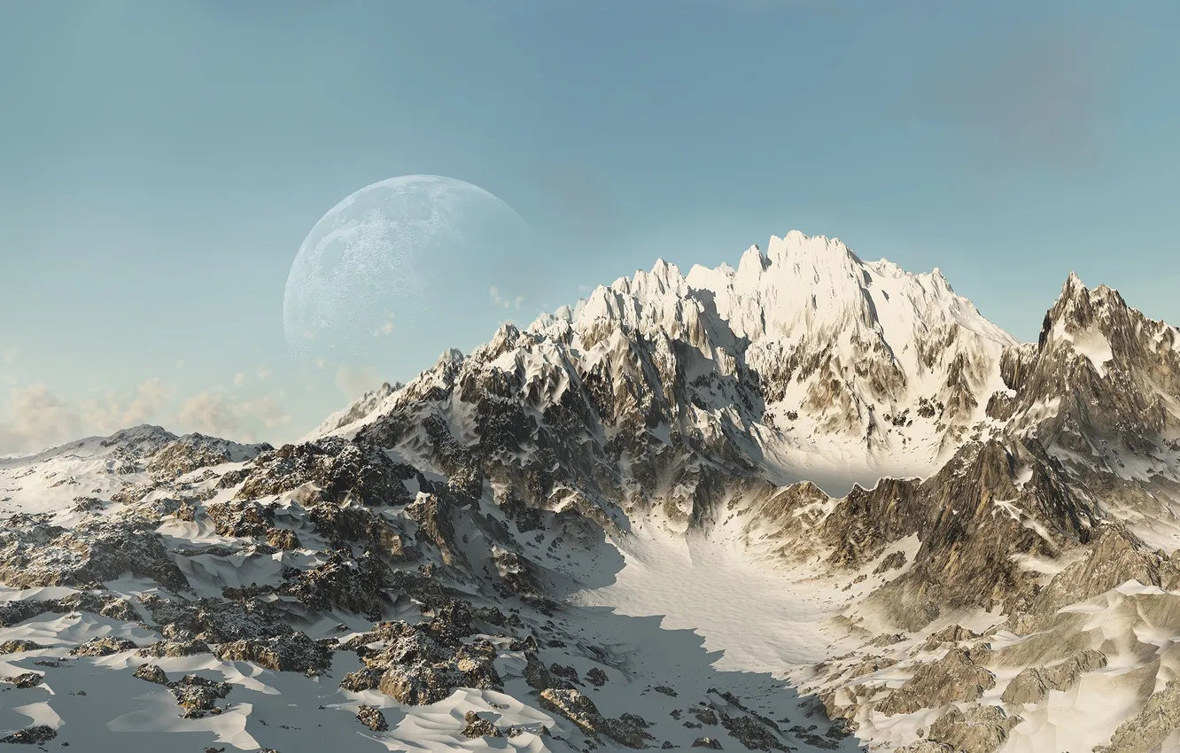 Фото обои снег, горы, фантастика, планета, арт, гряда