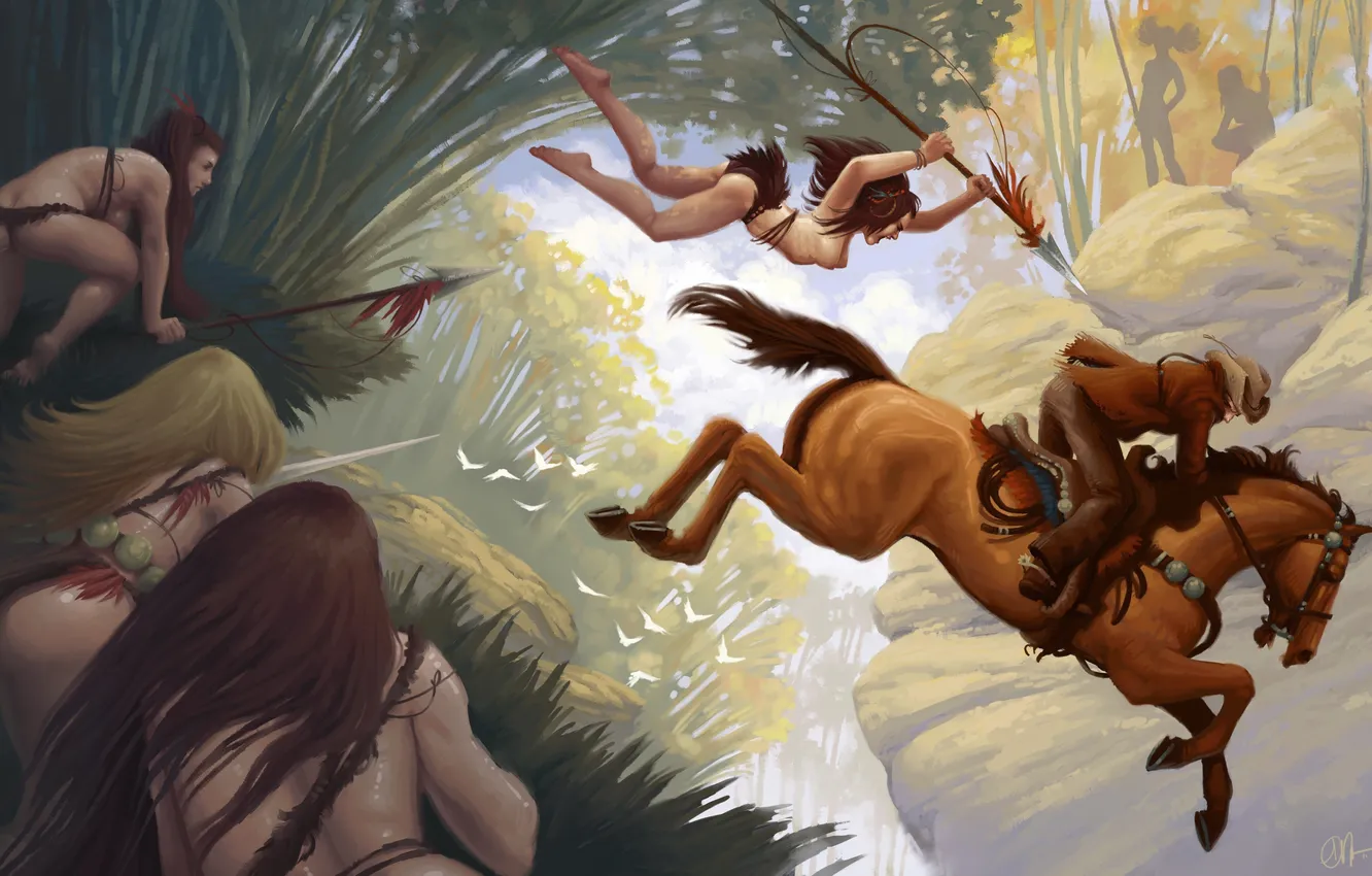 Фото обои лес, конь, прыжок, арт, всадник, копье, ковбой, преследование