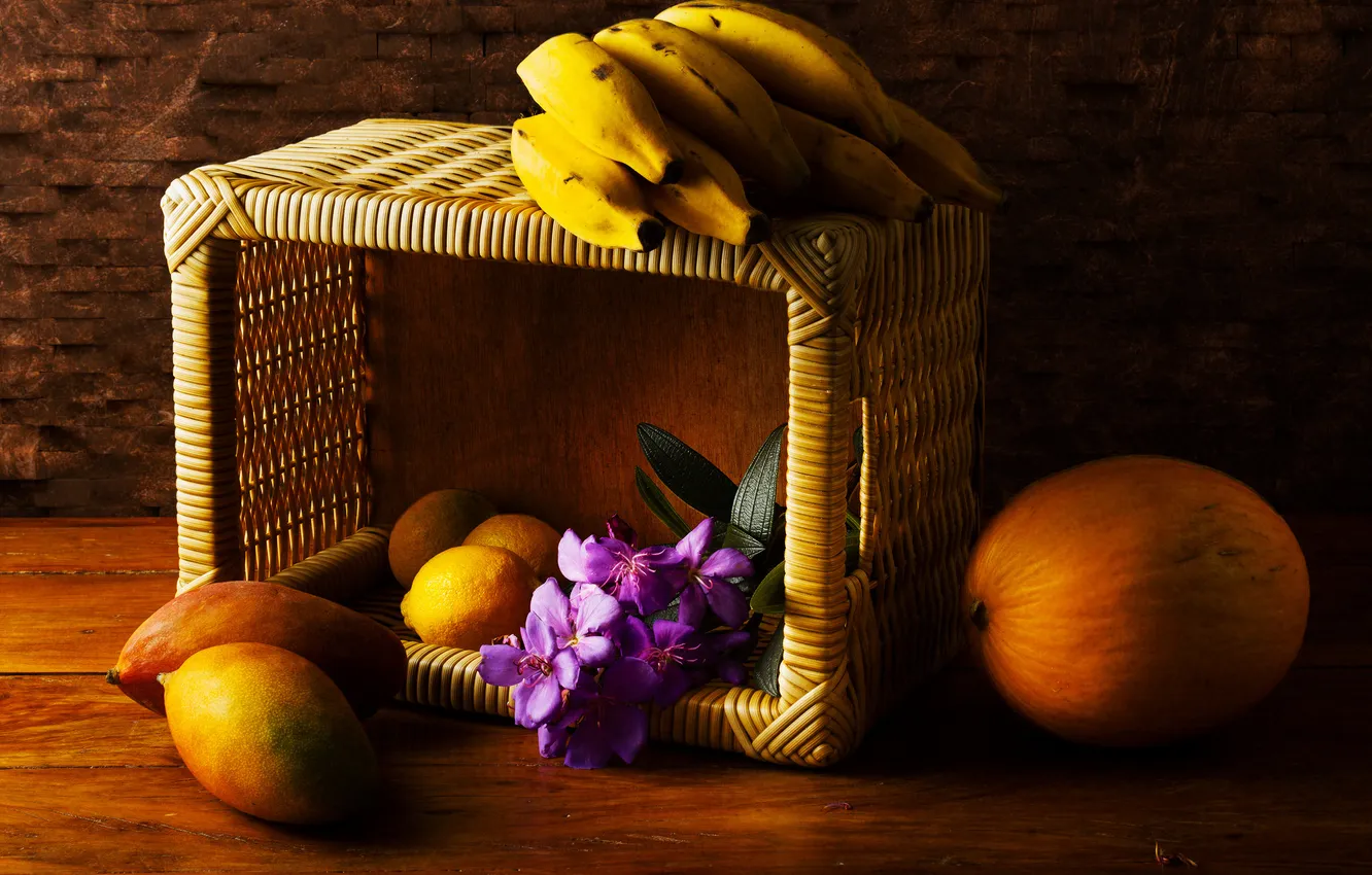 Фото обои цветы, лимон, корзина, манго, банан, дыня