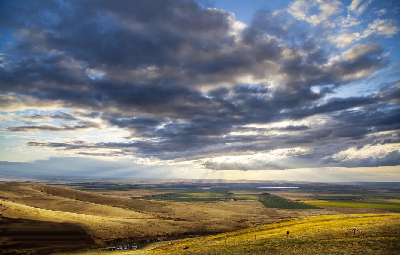 Фото обои солнце, облака, лучи, холмы, поля, Орегон