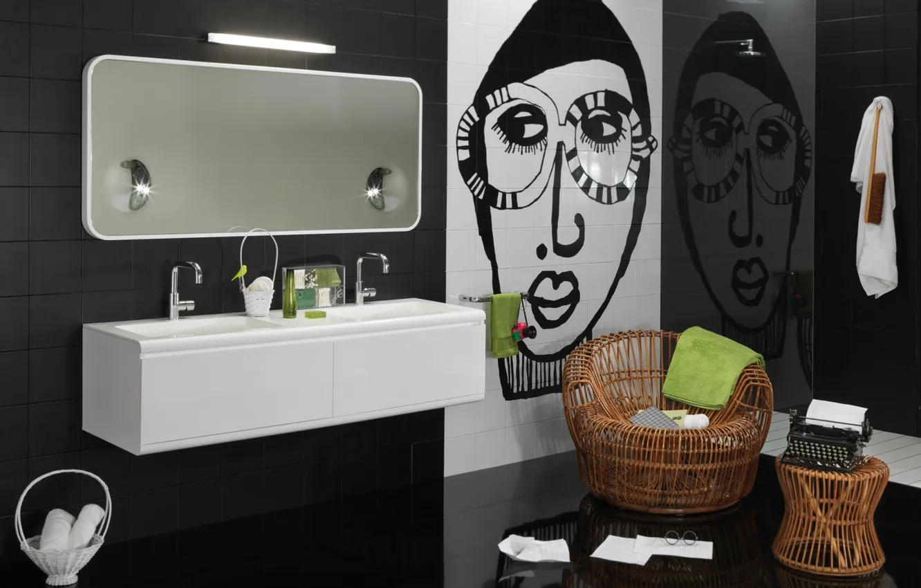 Фото обои белый, дизайн, черный, интерьер, ванна, ванная комната