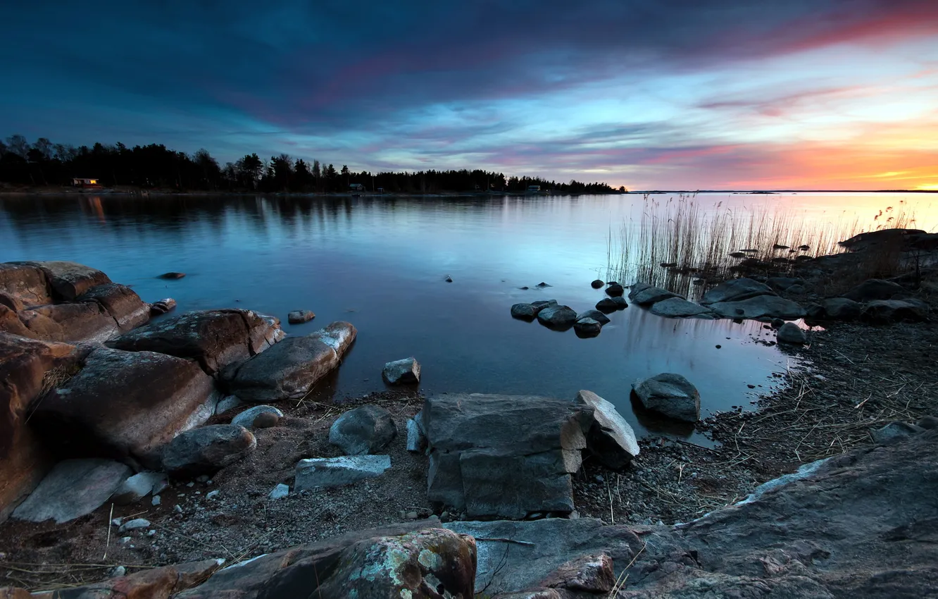 Фото обои пейзаж, закат, озеро, камни