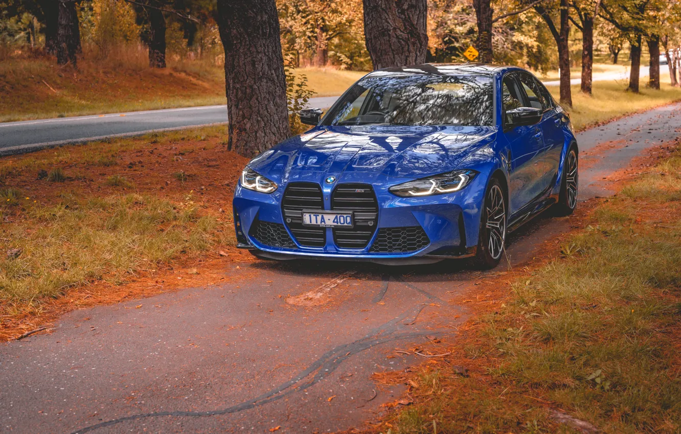 Фото обои BMW, Blue, Autumn, BMW M3, Road, Sedan, Forest, G80