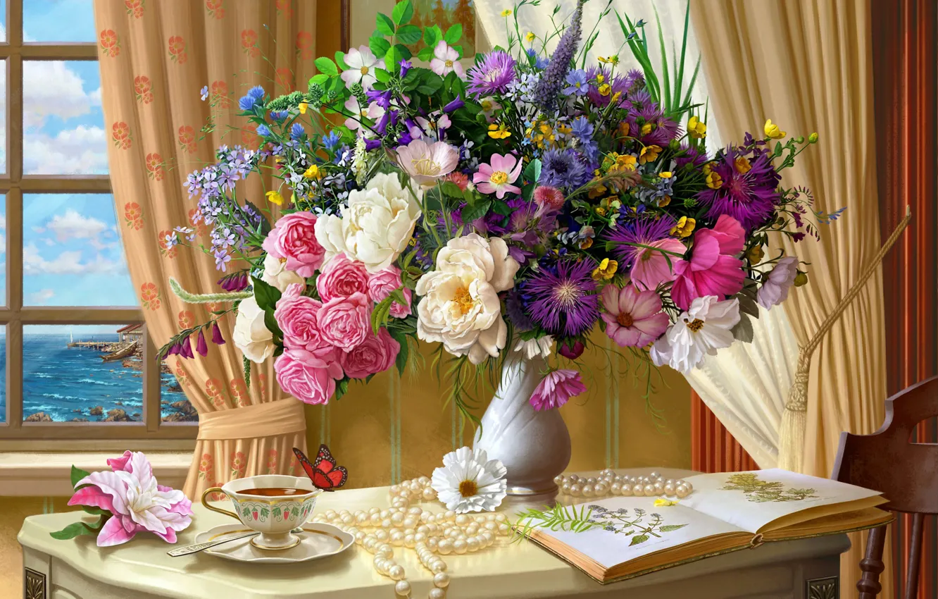 Фото обои цветы, чай, розы, букет, окно, бусы, книга, космея