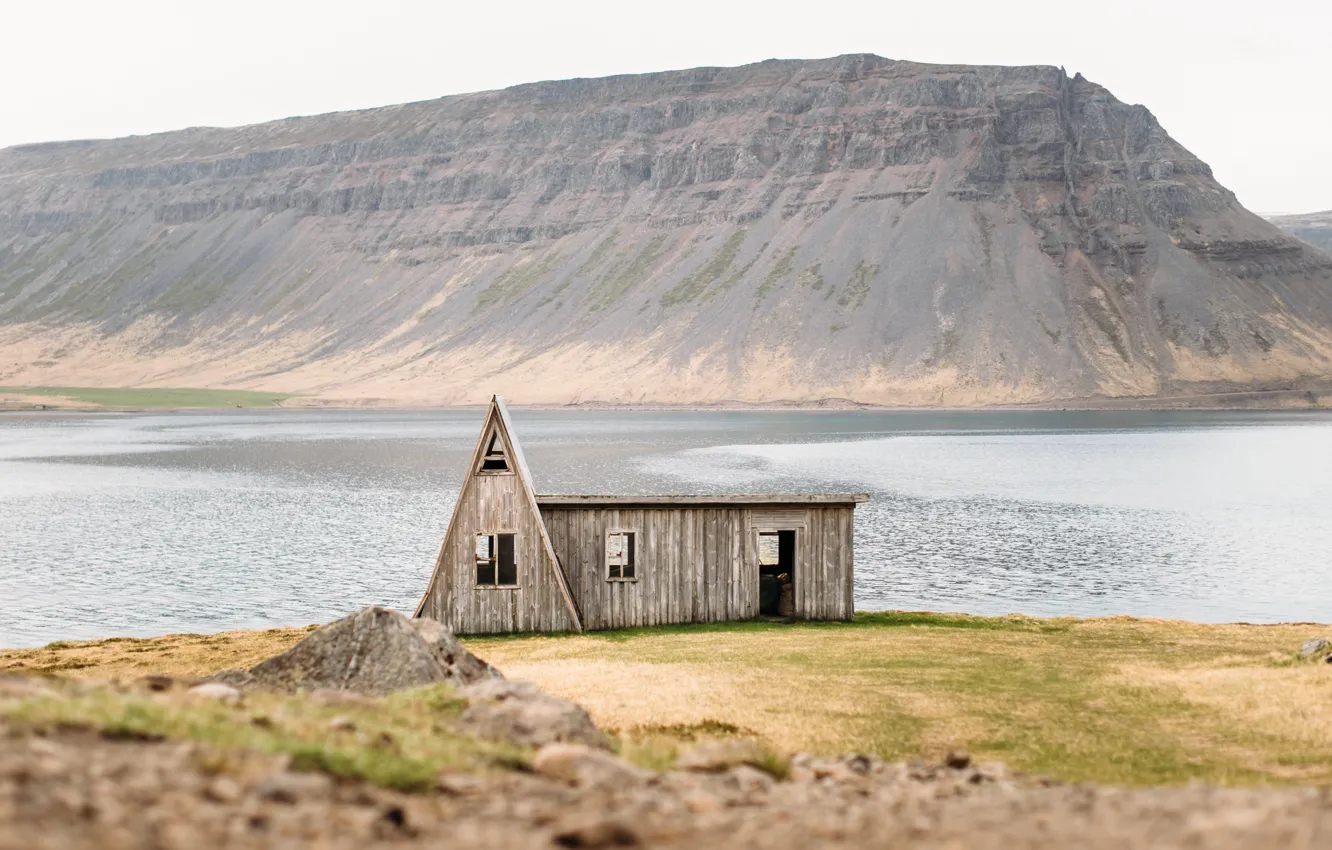 Фото обои горы, скалы, залив, домик, хижина, фьорд, рыбацкий домик