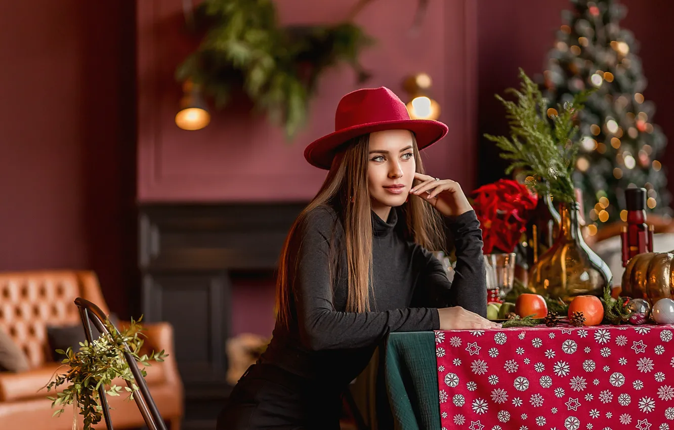 Фото обои girl, green eyes, hat, photo, photographer, model, bokeh, lips