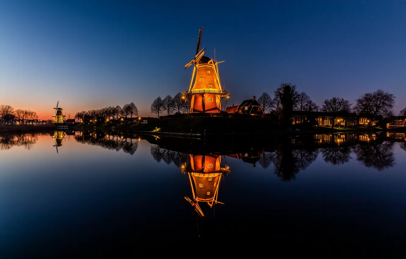 Фото обои ночь, огни, подсветка, Нидерланды, Голландия, Доккюм