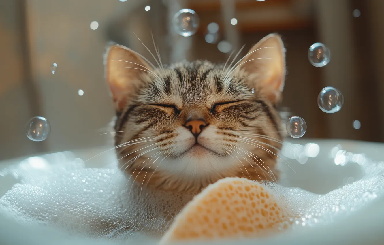 Фото обои кошка, кот, пена, вода, серый, релакс, купание, мыльные пузыри