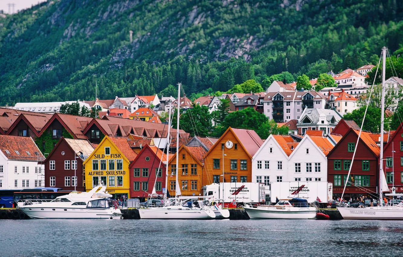 Фото обои море, горы, город, дома, яхты, Норвегия