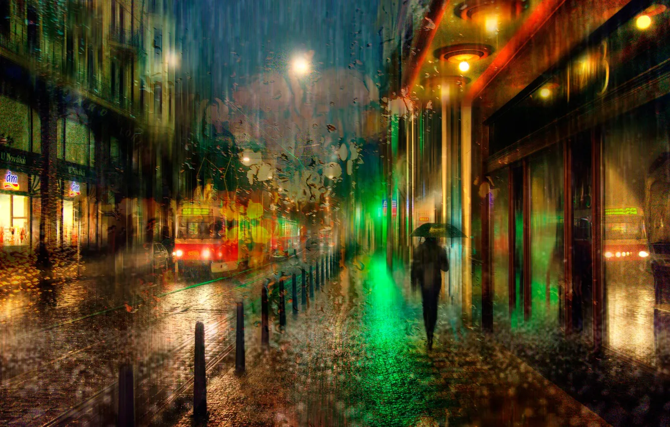 Фото обои ночь, дождь, Прага, трамвай