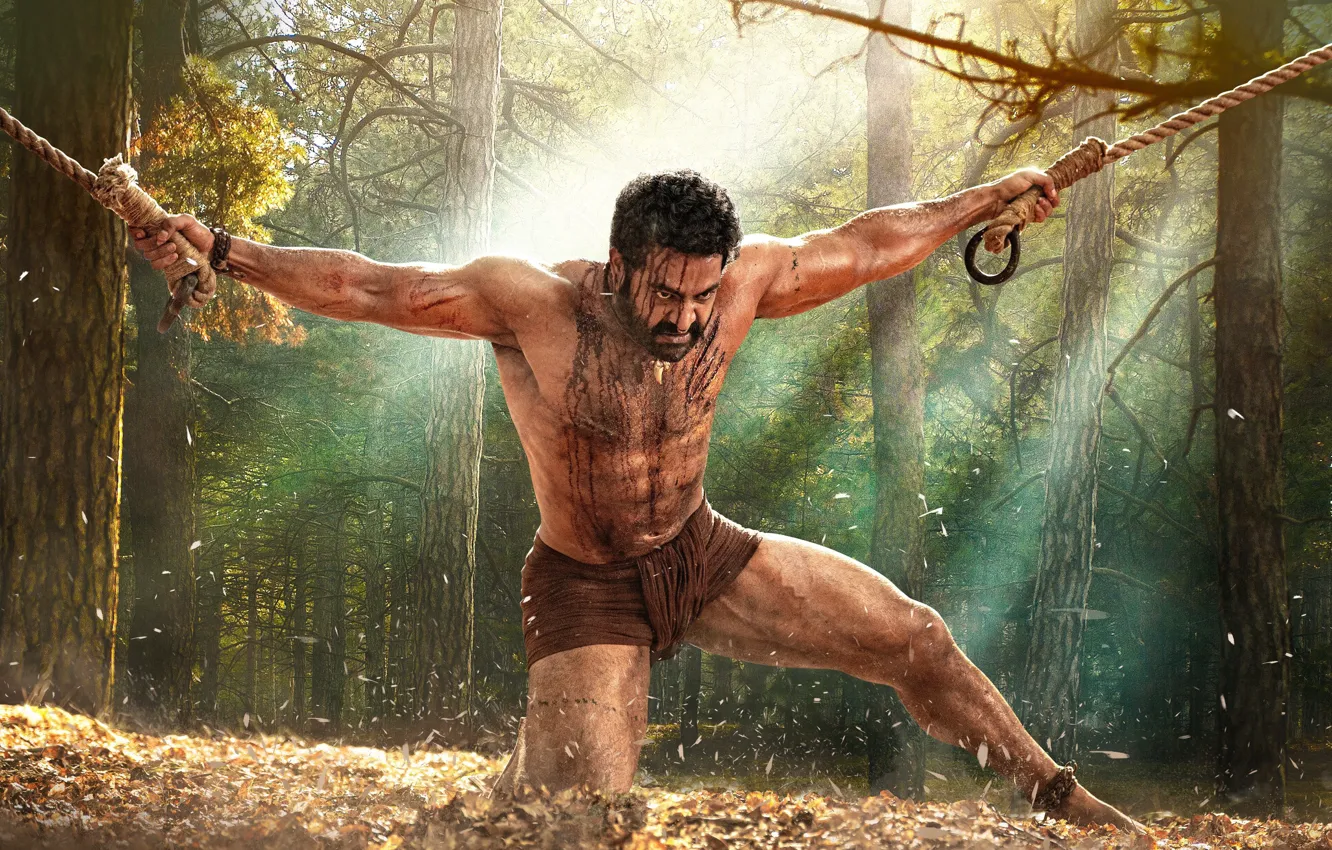 Фото обои Деревья, Лес, Мужчина, Канат, Индийское кино, Rise Roar Revolt, Ajay Devgn, Komaram Bheem