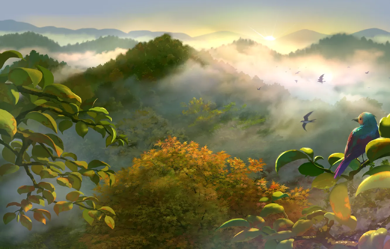 Фото обои лето, горы, аниме, арт, птичка, yuliuyang