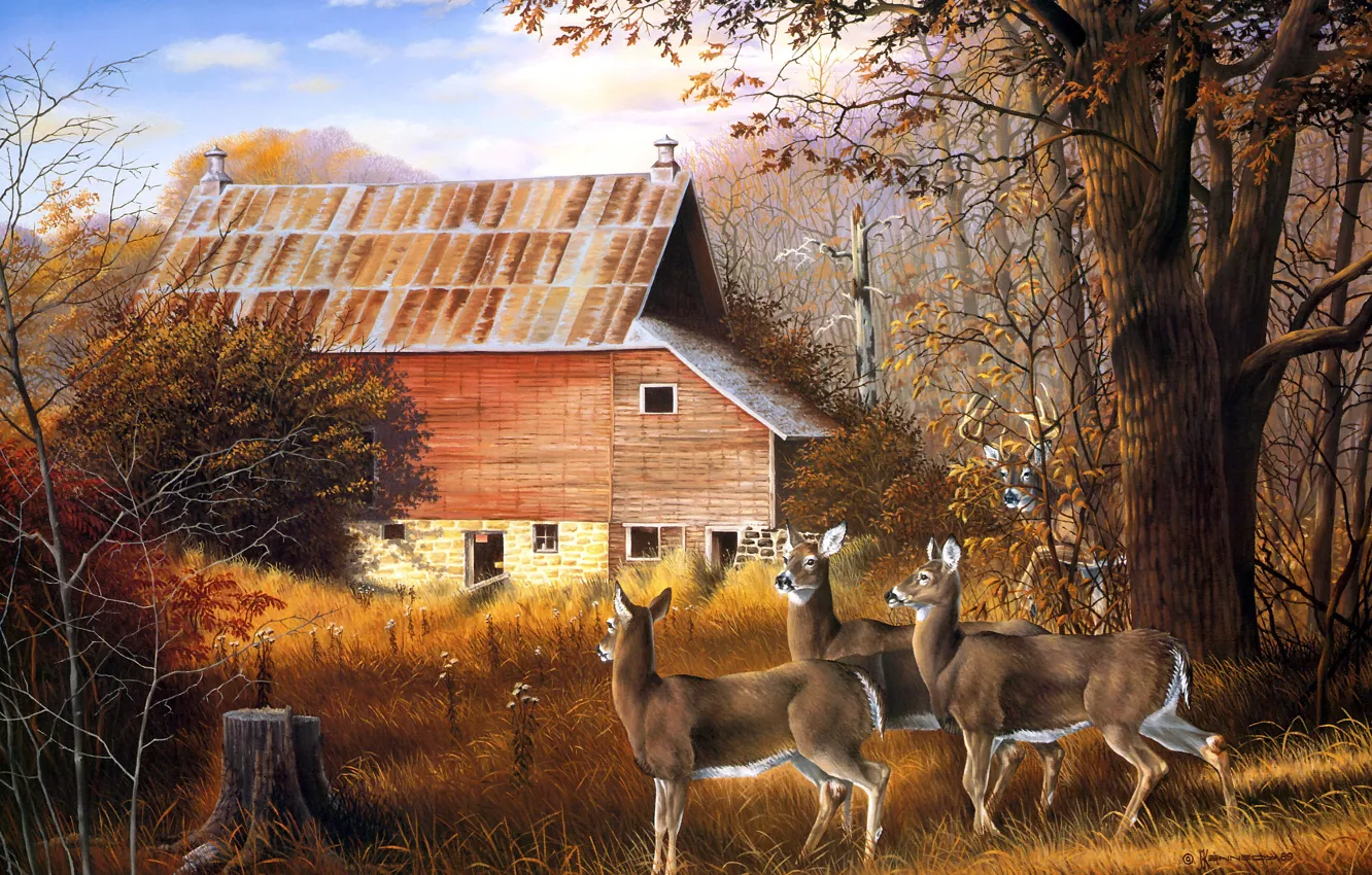 Фото обои лес, дом, рисунок, картина, арт, три, живопись, олени