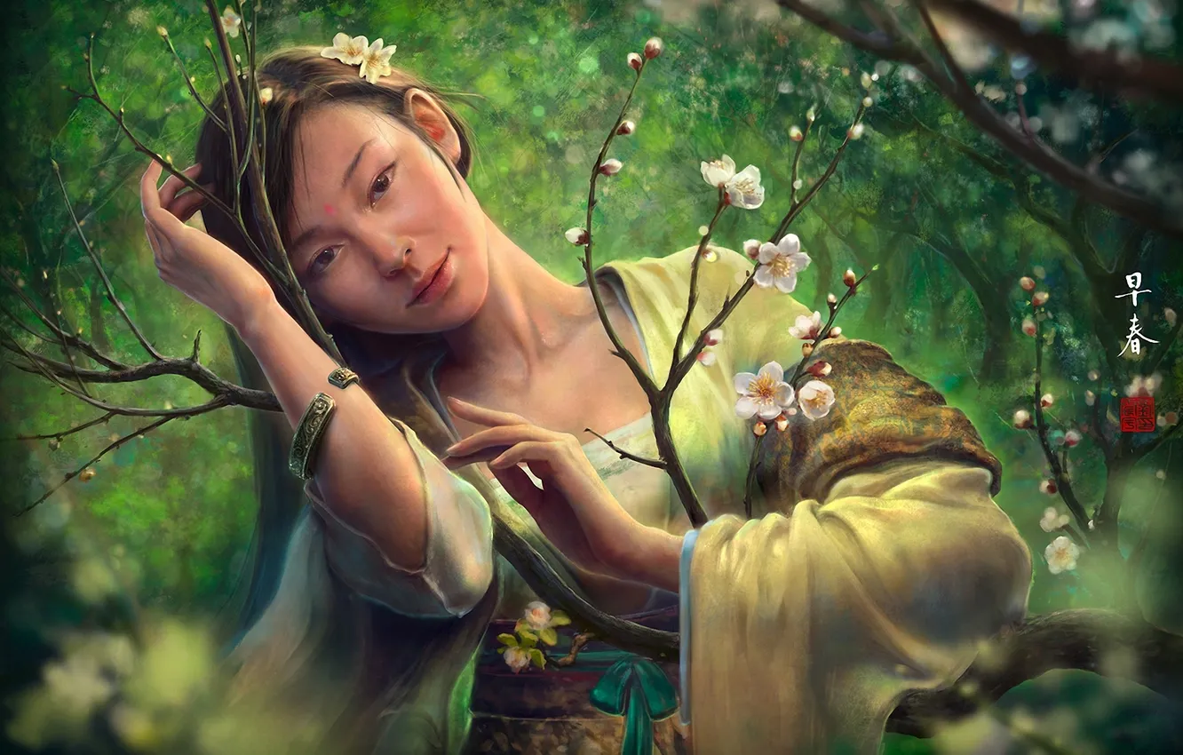 Фото обои взгляд, девушка, цветы, дерево, весна, сакура, арт, азиатка
