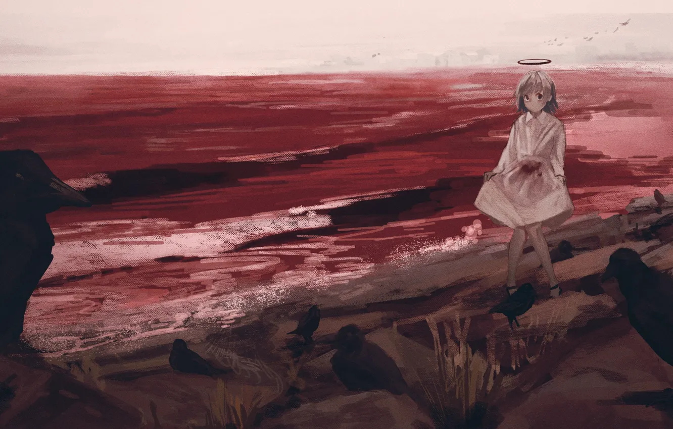 Фото обои море, кровь, девочка, вороны, нимб