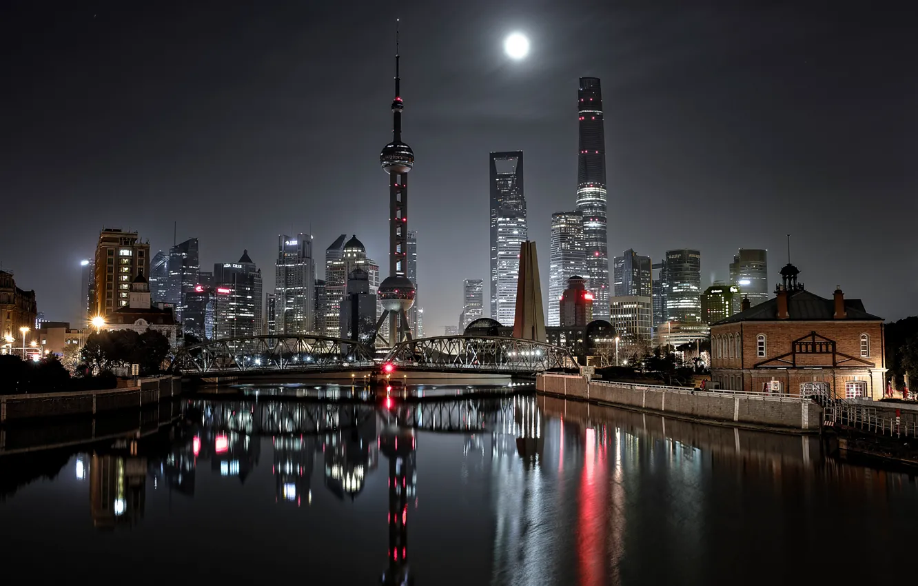 Фото обои ночь, мост, город, огни, Китай, Шанхай