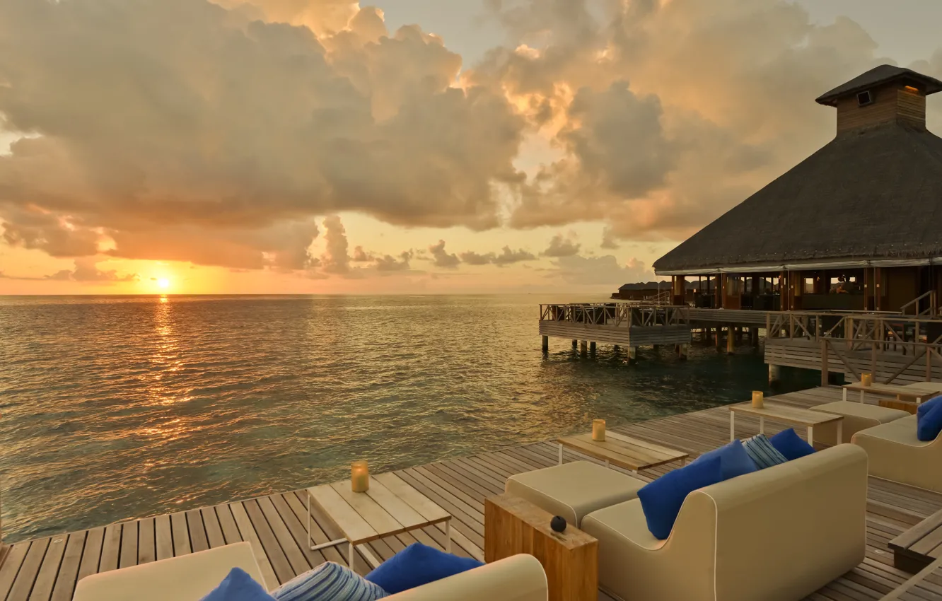 Фото обои закат, океан, вечер, Мальдивы, курорт