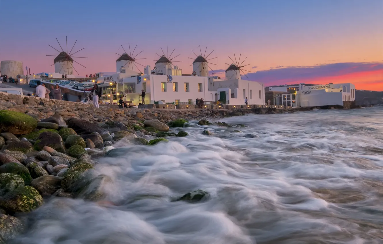 Фото обои море, берег, Греция, ветряные мельницы, Миконос