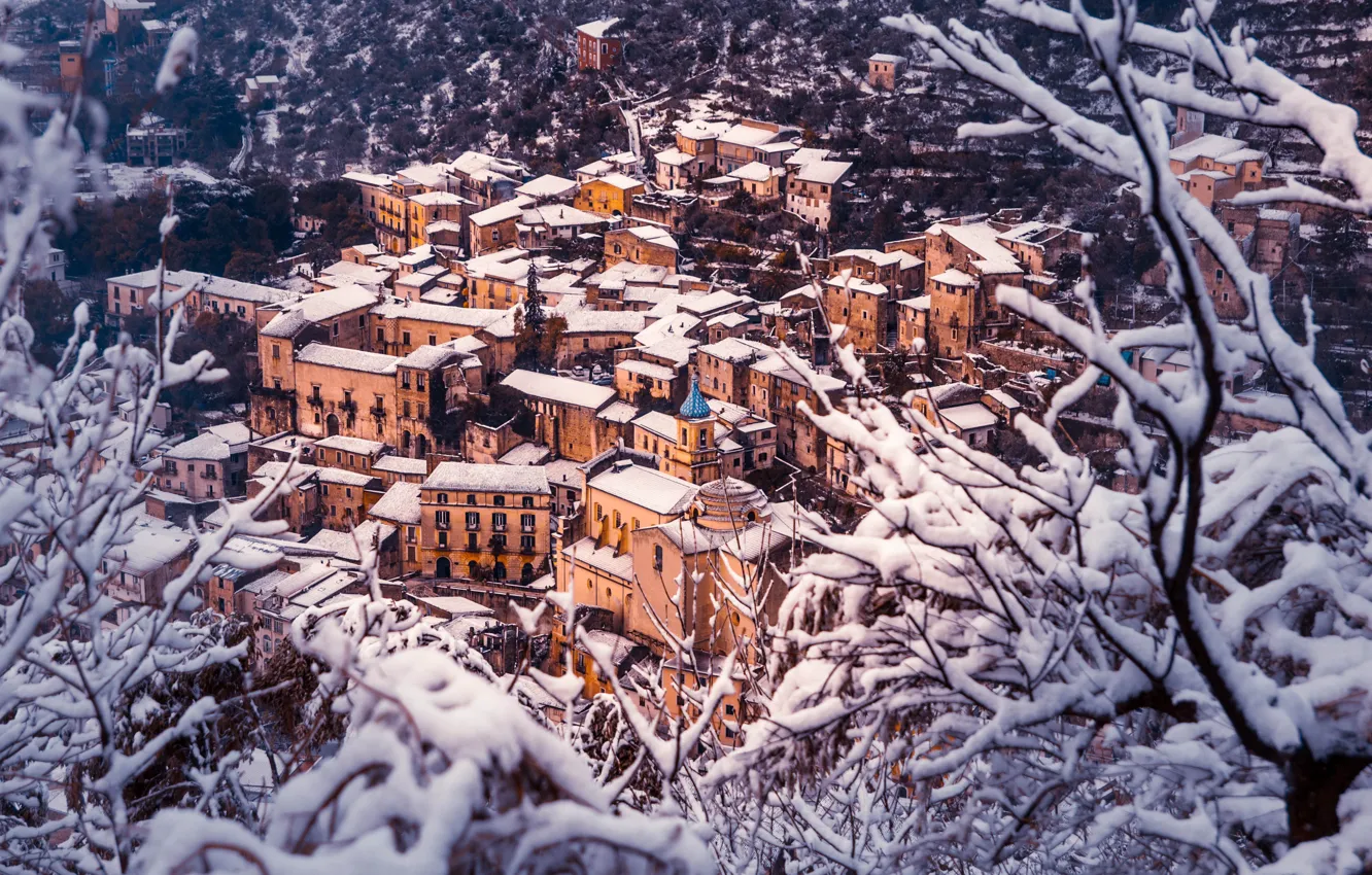 Фото обои Дома, Зима, Снег, Панорама, Крыши, Италия, Здания, Winter