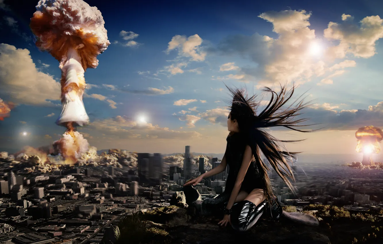 Фото обои город, ситуации, девушки, атомный взрыв