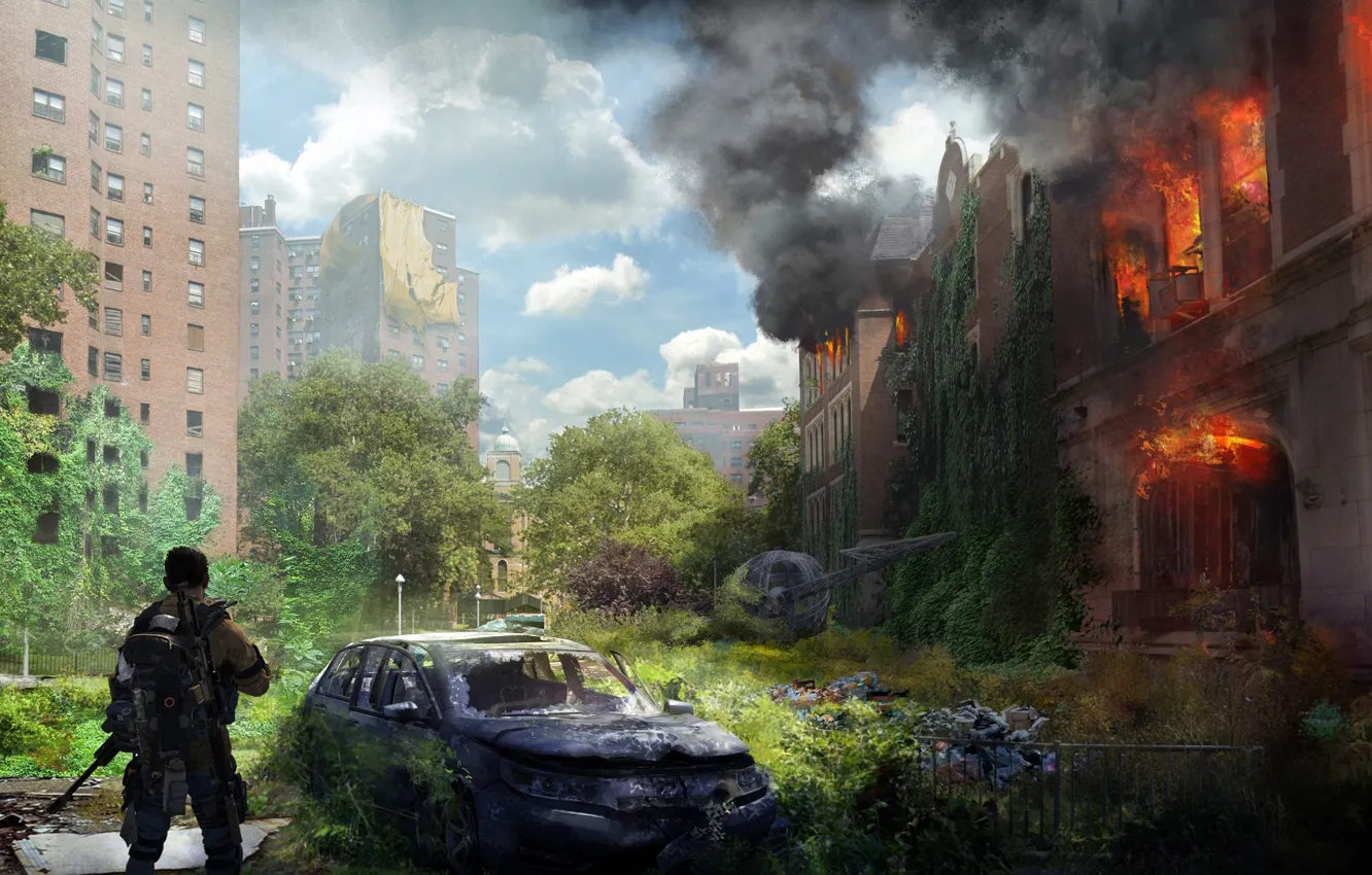 Фото обои машина, город, солдат, разруха, руины, Tom Clancy's The Division 2, огнонь