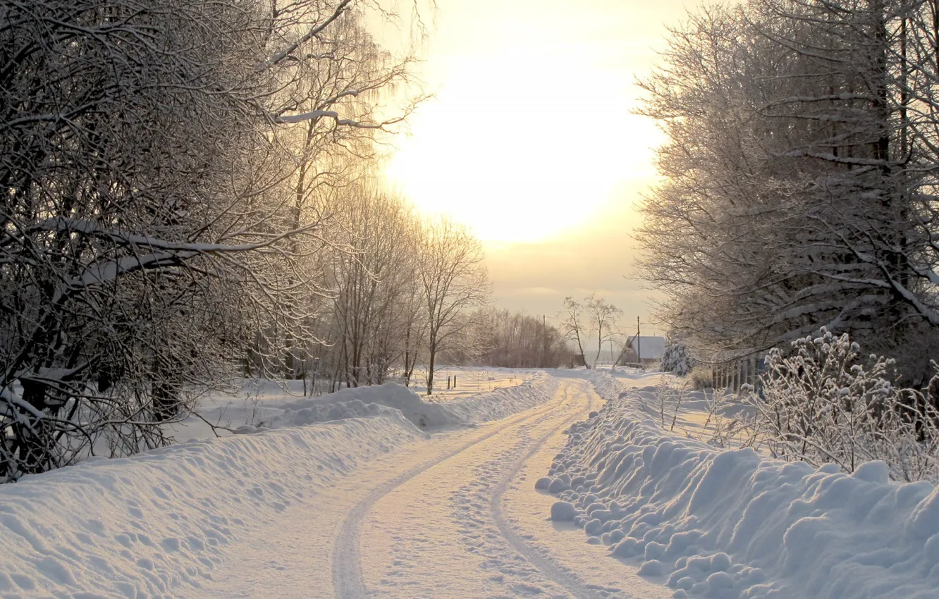 Фото обои зима, дорога, деревня, зимняя дорога