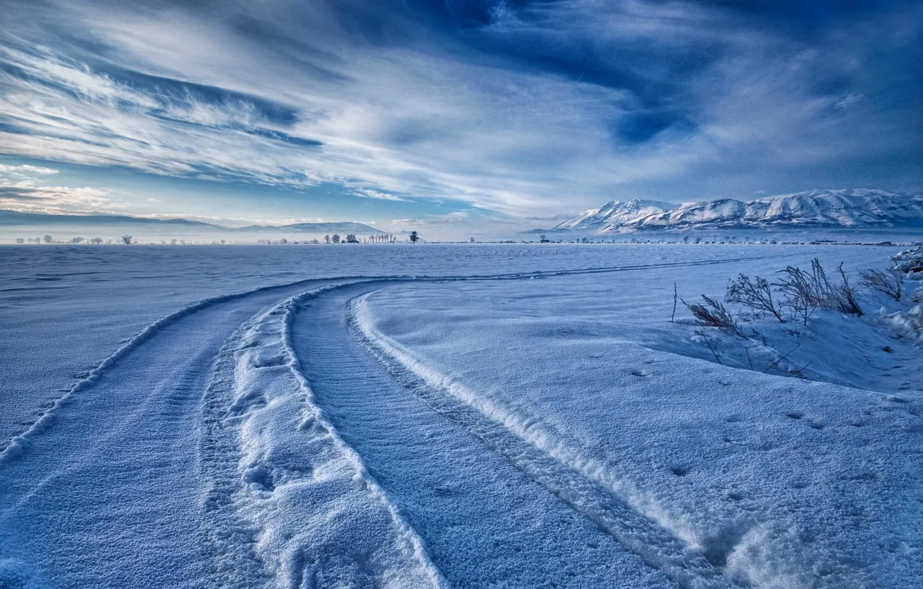 Фото обои зима, снег, горы, путь