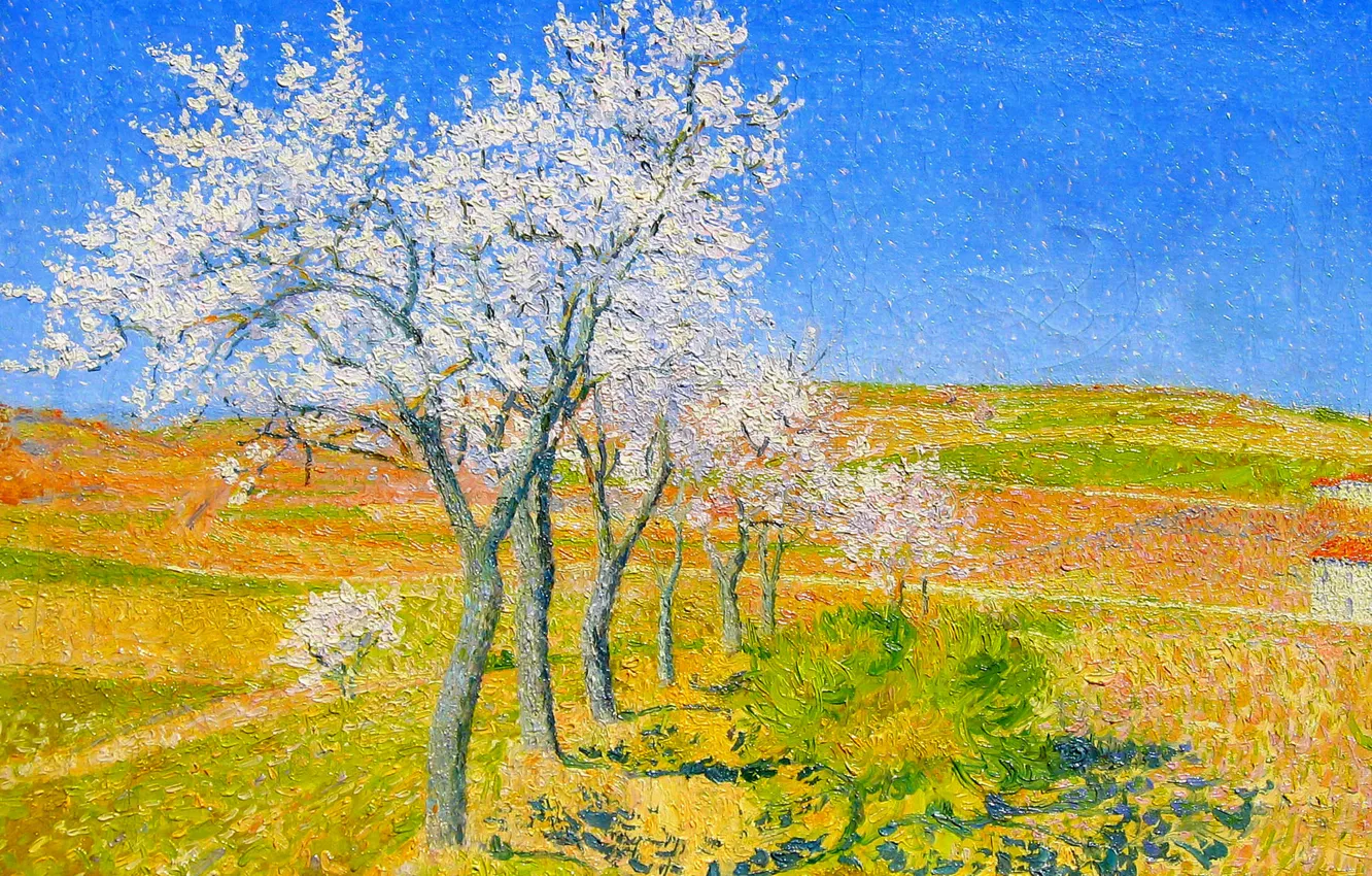 Фото обои поле, небо, деревья, пейзаж, дом, картина, весна, Achille Lauge