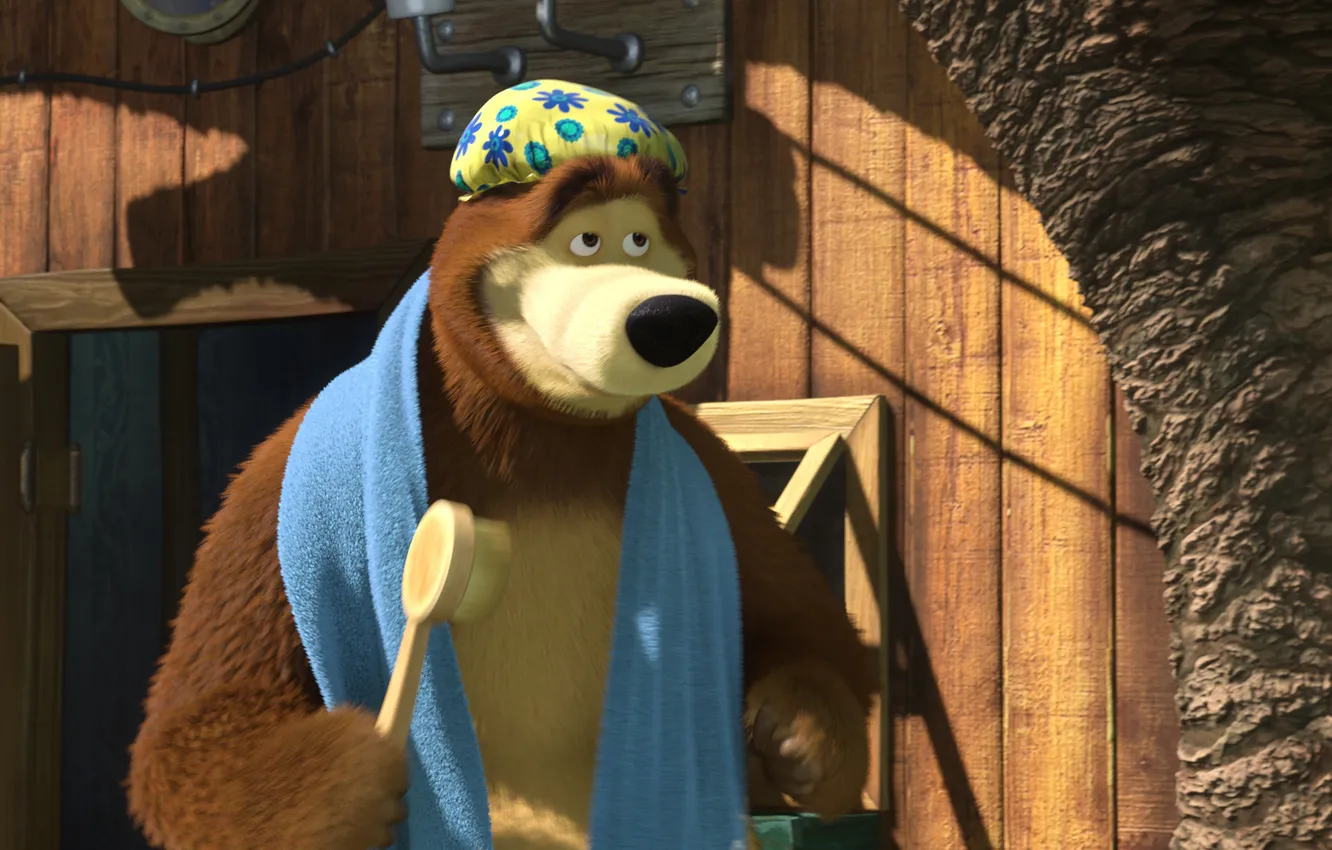 Фото обои мультфильм, полотенце, маша и медведь, мочалка