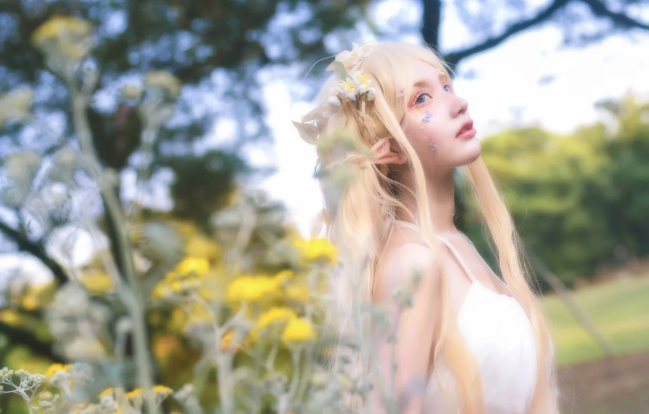 Фото обои Beautiful, Asian, Model, Tree, Woman, Elf, Pretty, White Hair