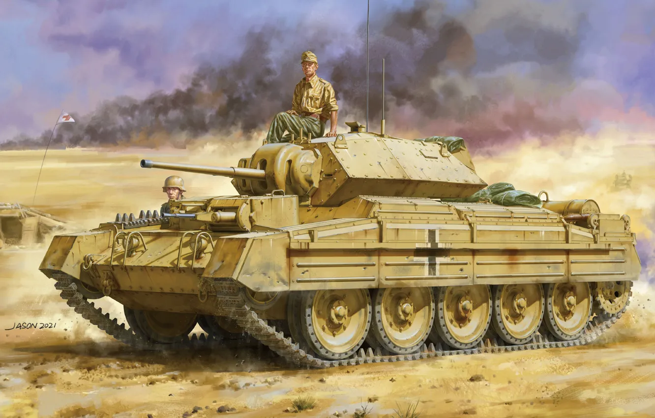 Фото обои Пустыня, Танк, Танкисты, Трофей, Cruiser Mk.V