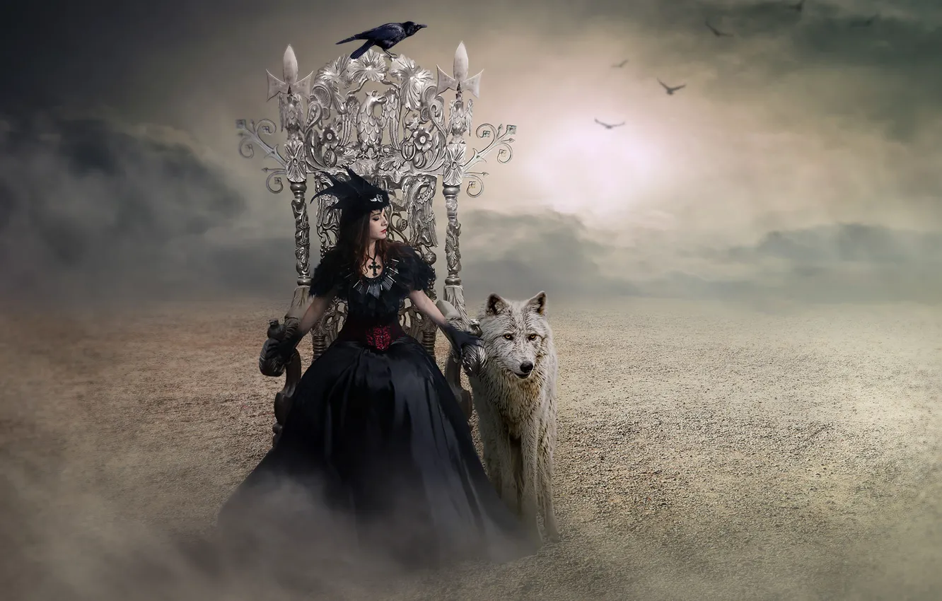 Фото обои девушка, волк, черная, ведьма, принцесса, трон, королева, Tracy Lundgren