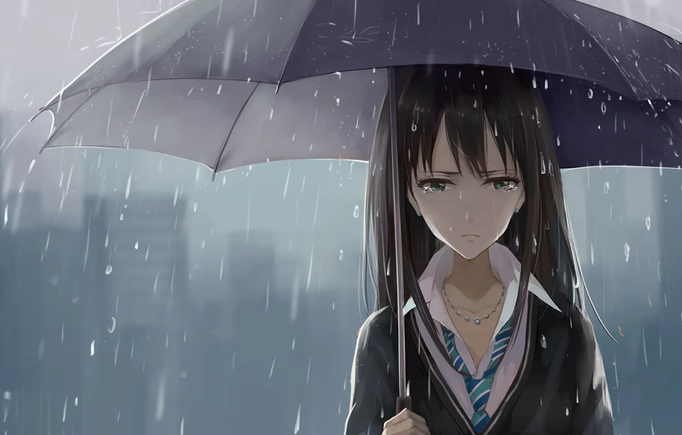 Фото обои дождь, Девушка, зонт, слезы, галстук