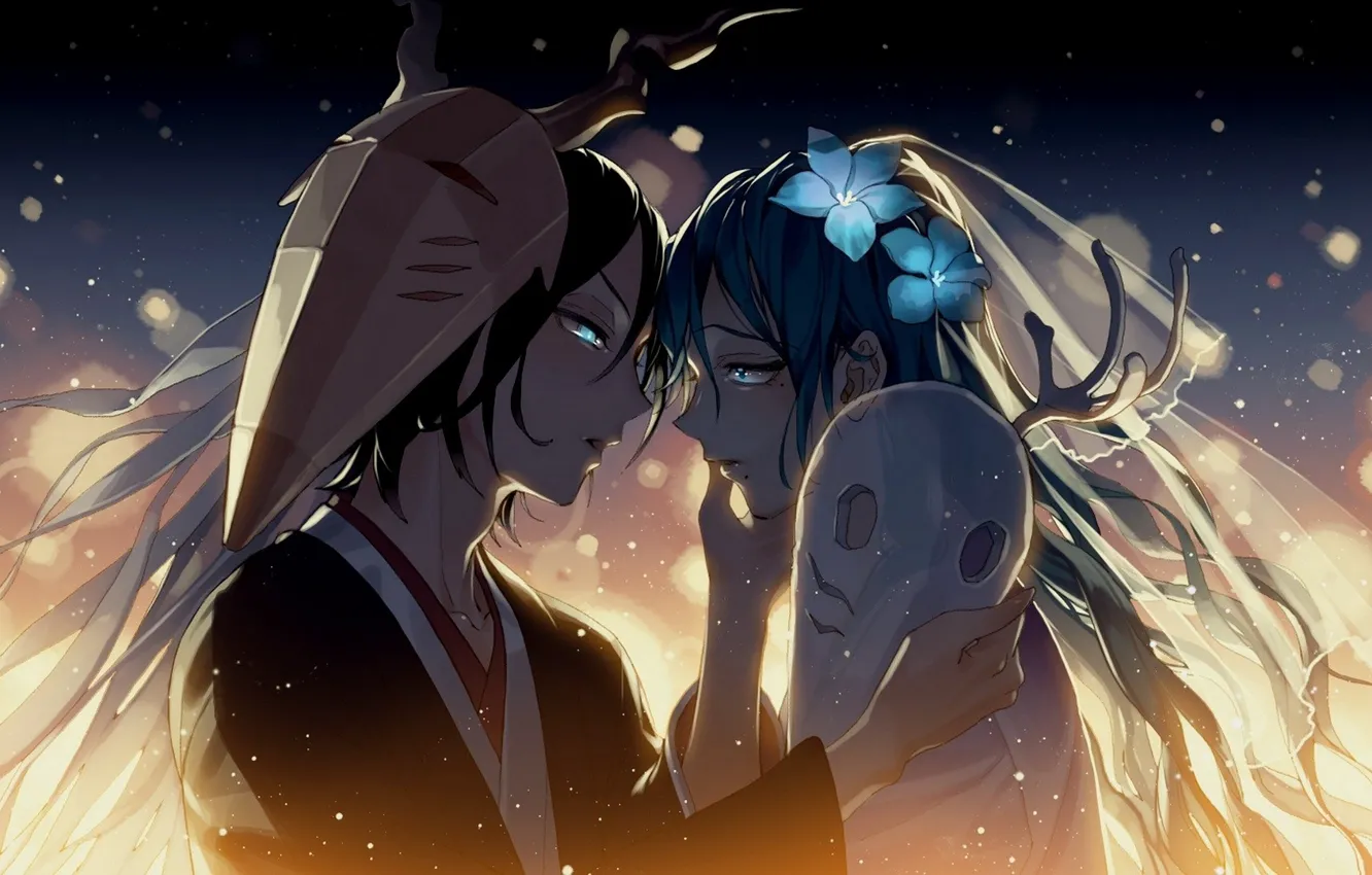 Фото обои маска, рога, голубые глаза, двое, невеста, фата, цветок в волосах, почти поцелуй