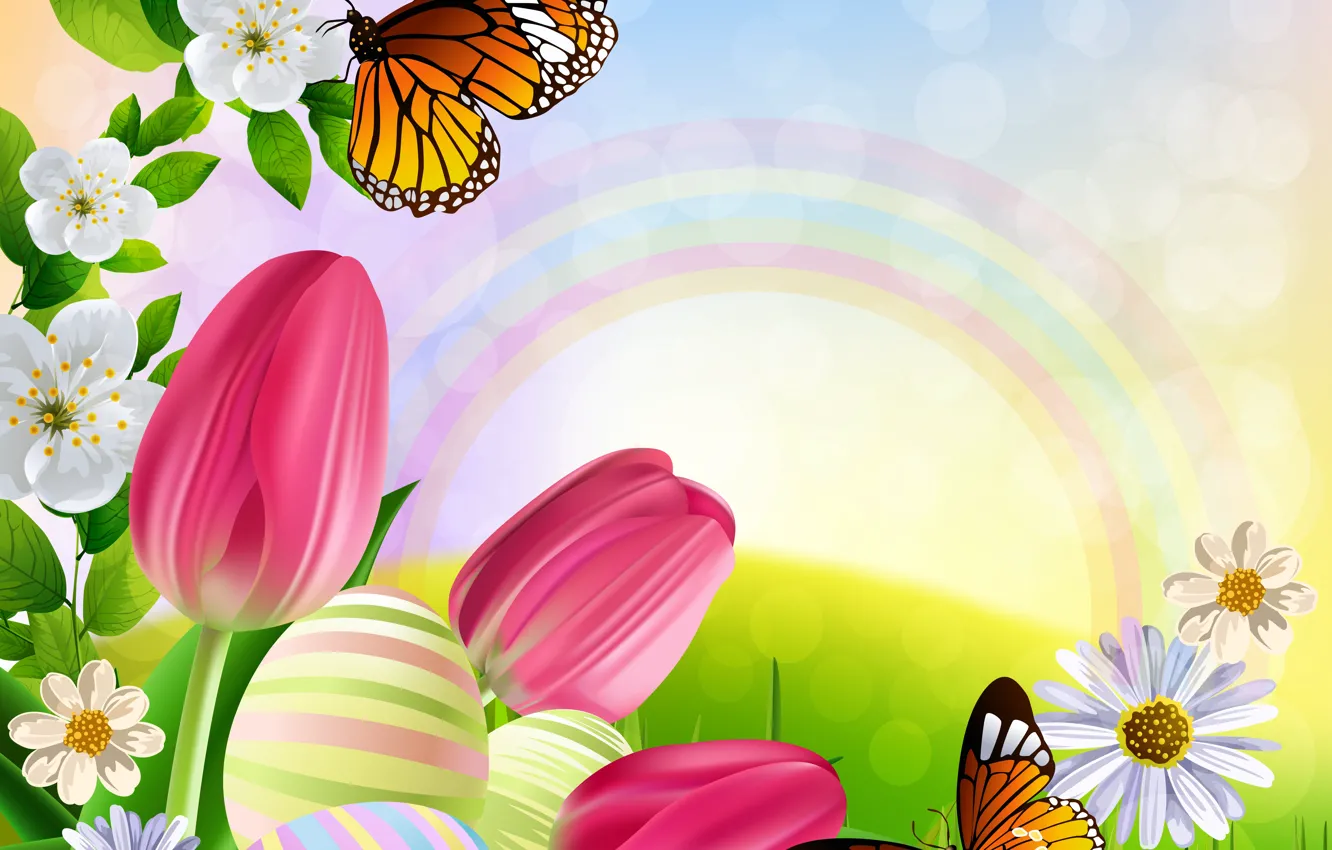 Фото обои бабочки, цветы, рисунок, радуга, тюльпаны, яркость