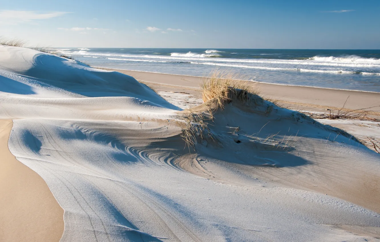 Фото обои песок, море, небо, берег, дюны