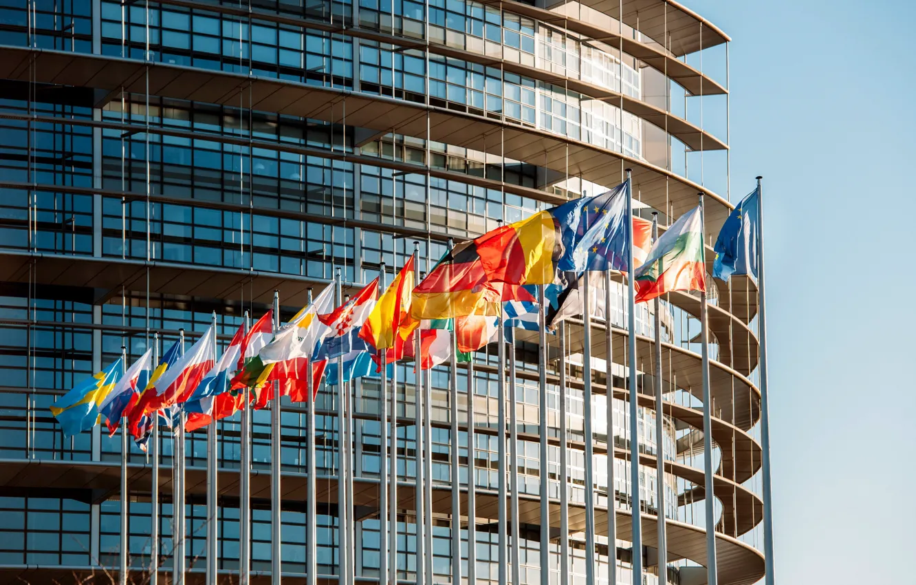 Фото обои стекло, Франция, здание, флаги, Страсбург