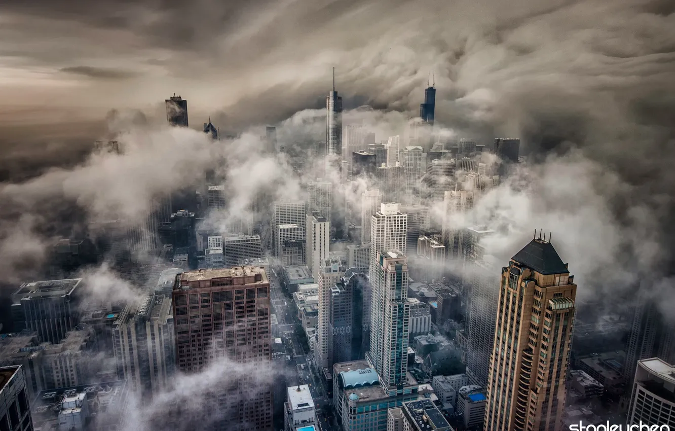 Фото обои тучи, шторм, город, туман, Чикаго, США