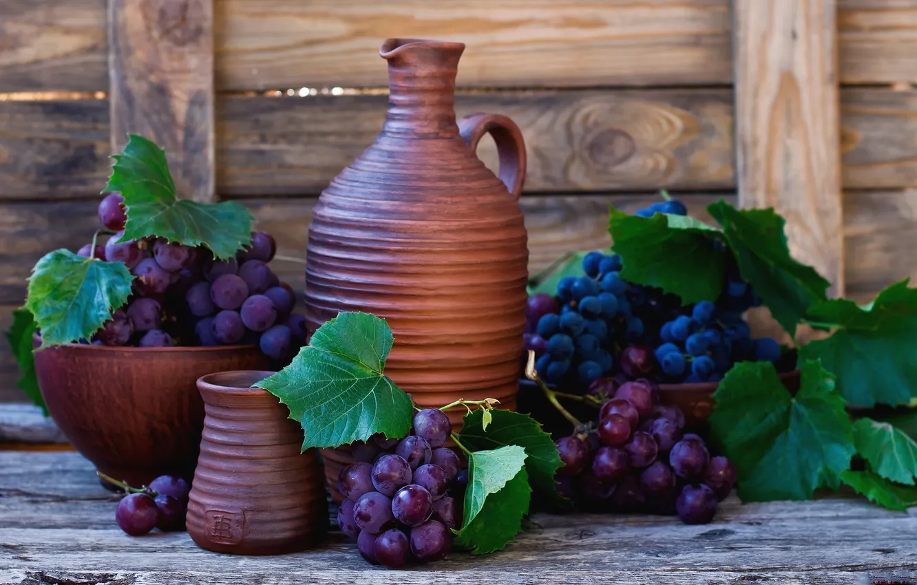 Фото обои виноград, кувшин, натюрморт, глина