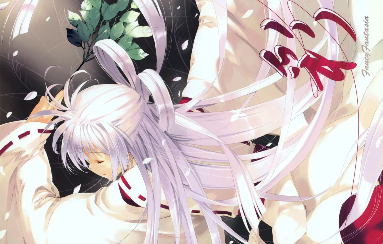 Фото обои танец, ритуал, девочка, жрица, японская одежда, ветка дерева, закрытые глаза, длинные белые волосы