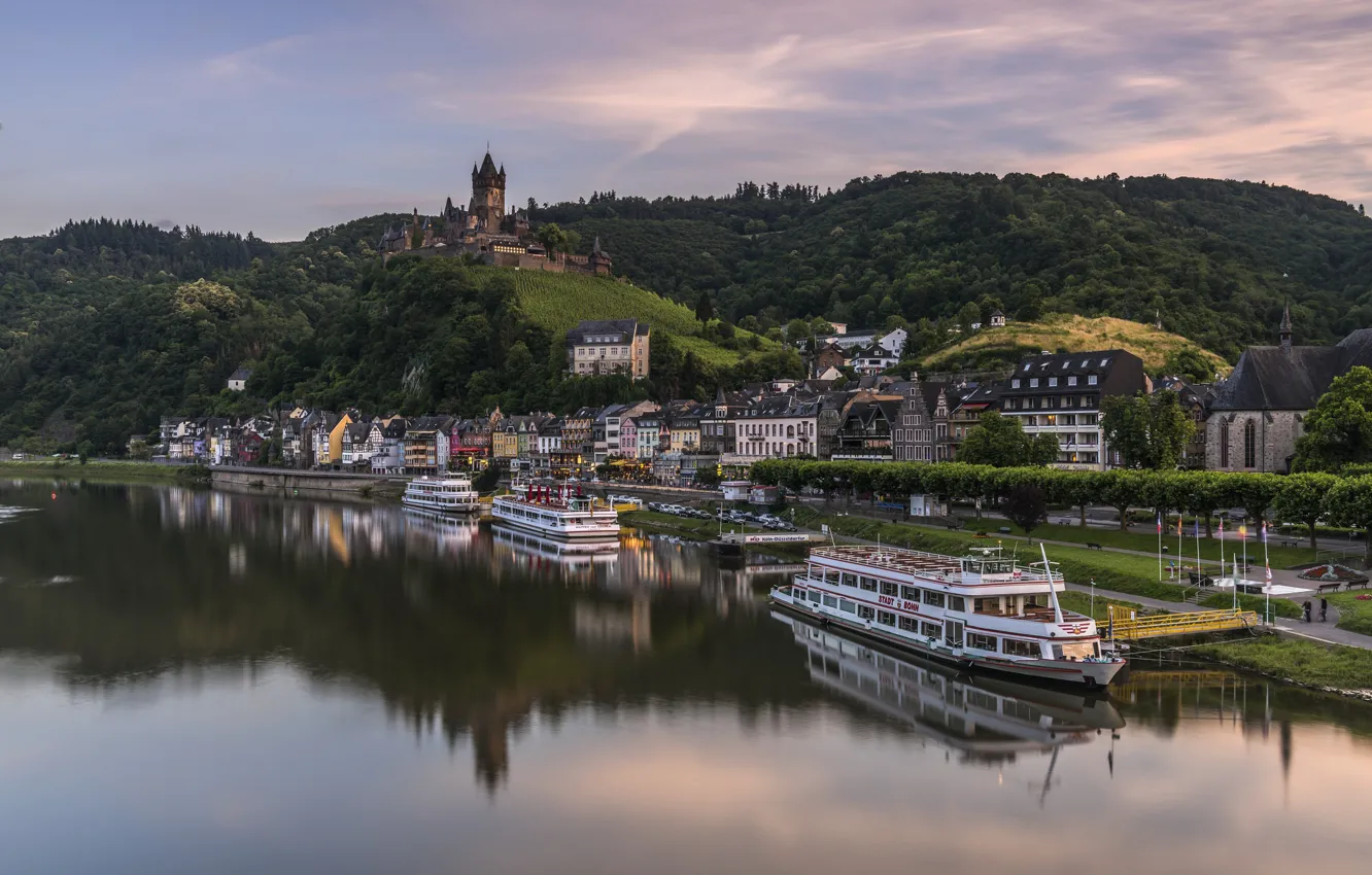 Фото обои река, замок, Германия, лайнер, Кохем