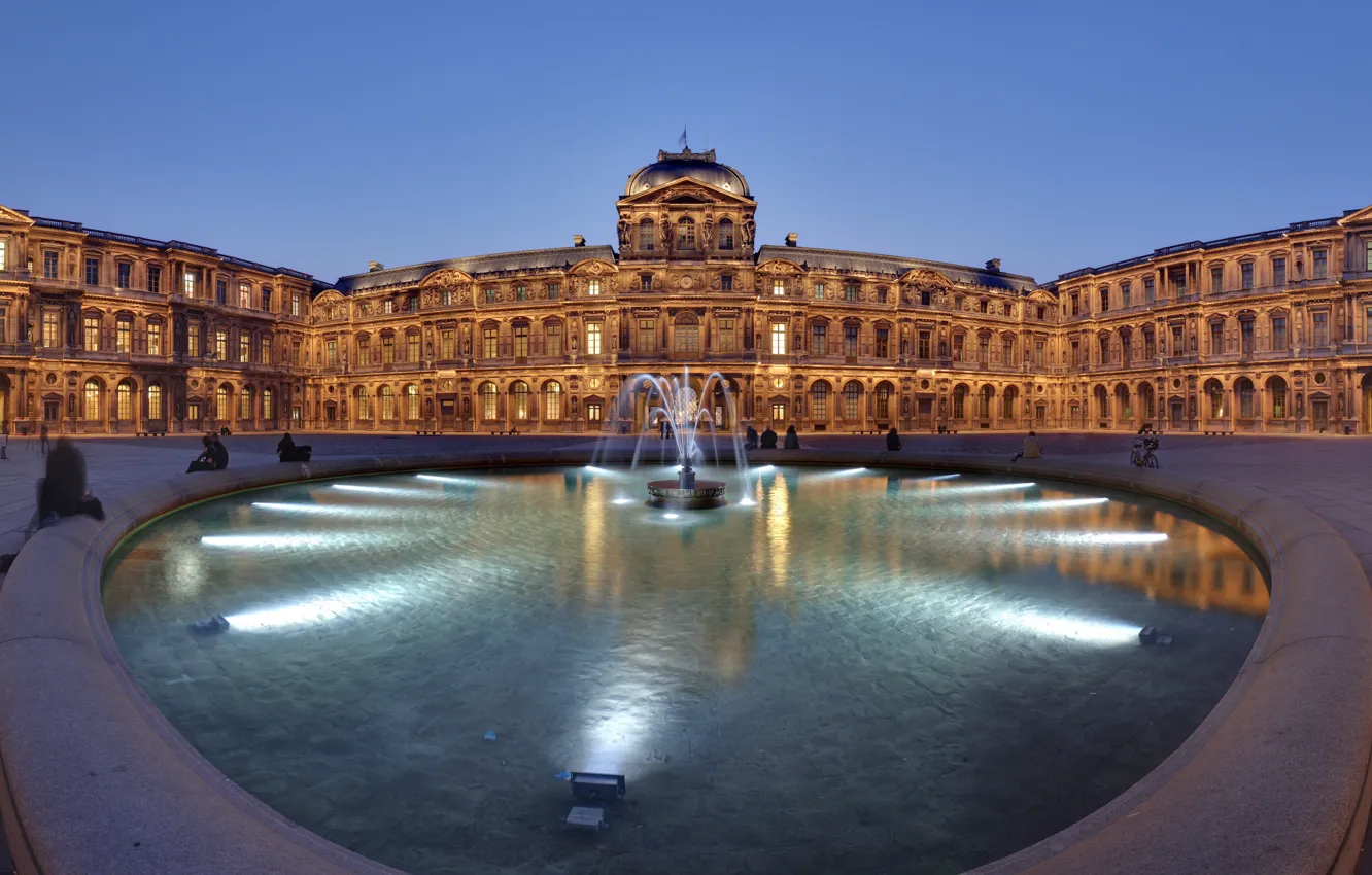Фото обои огни, Франция, вечер, Лувр, панорама, фонтан, France, Louvre